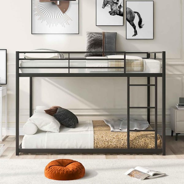 Polibi Black Full Over Full Metal Bunk Bed, Low Bunk Bed with Ladder