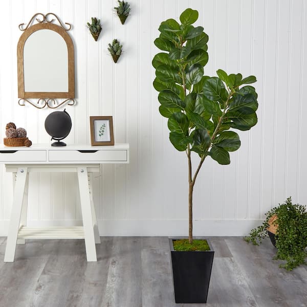 Nearly Natural 68 in. Fiddle Leaf Fig Artificial Tree in Black Metal Planter