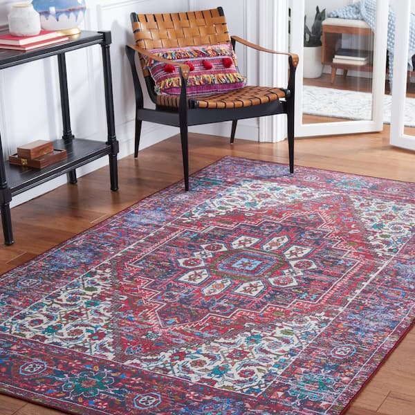 Tuscon Red/Blue 6 ft. x 9 ft. Machine Washable Border Medallion Distressed Area Rug