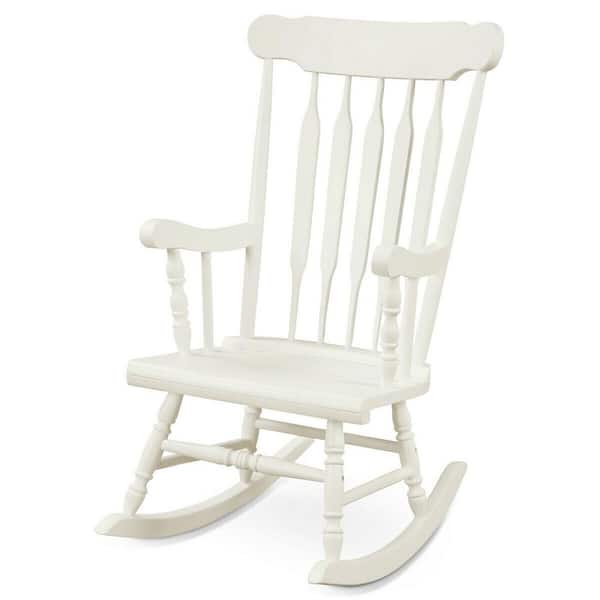 FORCLOVER White Solid Wood High-Back Porch Glossy Finish Indoor and Outdoor Rocking Chair
