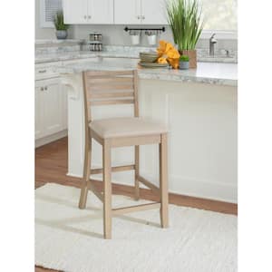 Roman 25 in. Seat Height Grey-Wash High Back Wood Frame Ladder Counterstool with Beige Fabric Seat 1 Stool