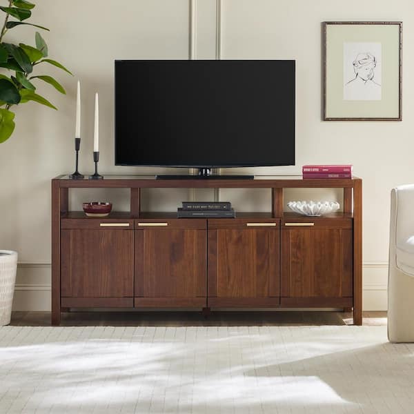 Isla 58 in. Walnut Solid Wood Modern TV Stand with Glass Top (Max TV Size 68 in. )