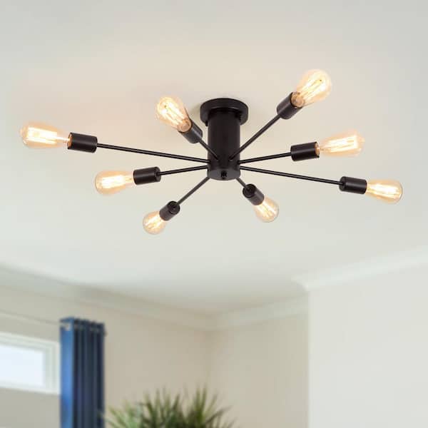 LWYTJO Theis 30.12 in. 8-Light Black Semi Flush Mount Sputnik Chandelier Linear Ceiling Mount Light For Bedroom Dining Room