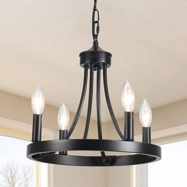 LWYTJO 4-Light 12.99 in. Rustic Black Wagon Wheel Chandelier for Living Room Kitchen Bedroom Study