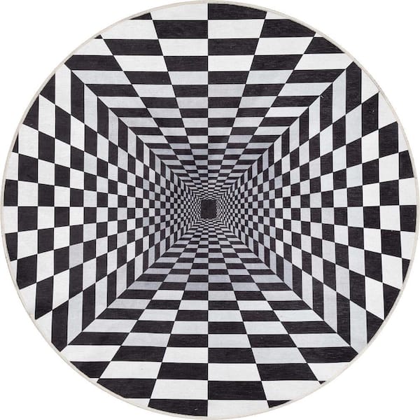Apollo Optical Illusion Modern Geometric Black Ivory 5 ft. 3 in. Round Area Rug
