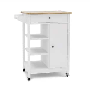 White MDF Wood 26 in. Kitchen Island Rolling Trolley Cart with Adjustable Shelves and Towel Rack