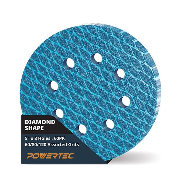 5 in. 8-Hole Hook and Loop Diamond Shaped Sanding Discs, Assorted Grits (60/80/120) for Random Orbital Sanders (60-Pack)