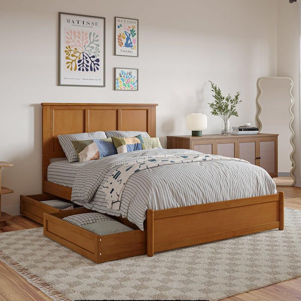 AFI Felicity Light Toffee Natural Bronze Solid Wood Frame Full Platform Bed with Panel Footboard and Storage Drawers
