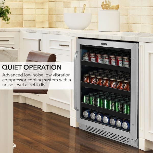 24 in. 182 12 oz. Can Built-In Beverage Fridge Cooler w/ Lock, Temp Controls, Glass Door Stainless Steel