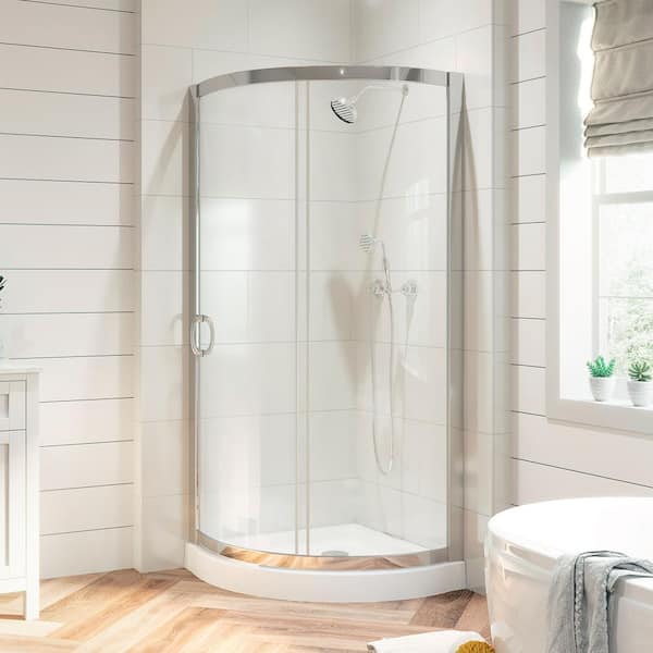OVE Decors Breeze 32 in. L x 32 in. W x 76.97 in. H Corner Shower Kit with Clear Framed Sliding Door in Chrome and Shower Pan