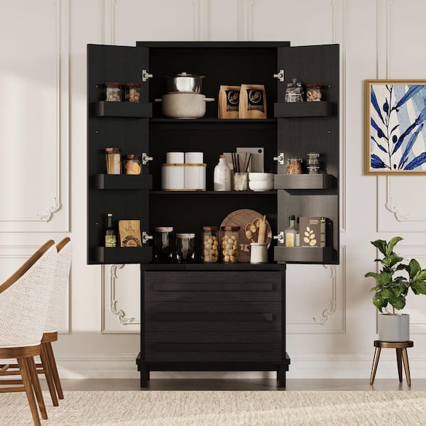 Black 70.1 in. H 2-Door Kitchen Pantry Organizer, Luxurious Wood Storage Cabinet with 6-Door Shelves and 3-Drawers