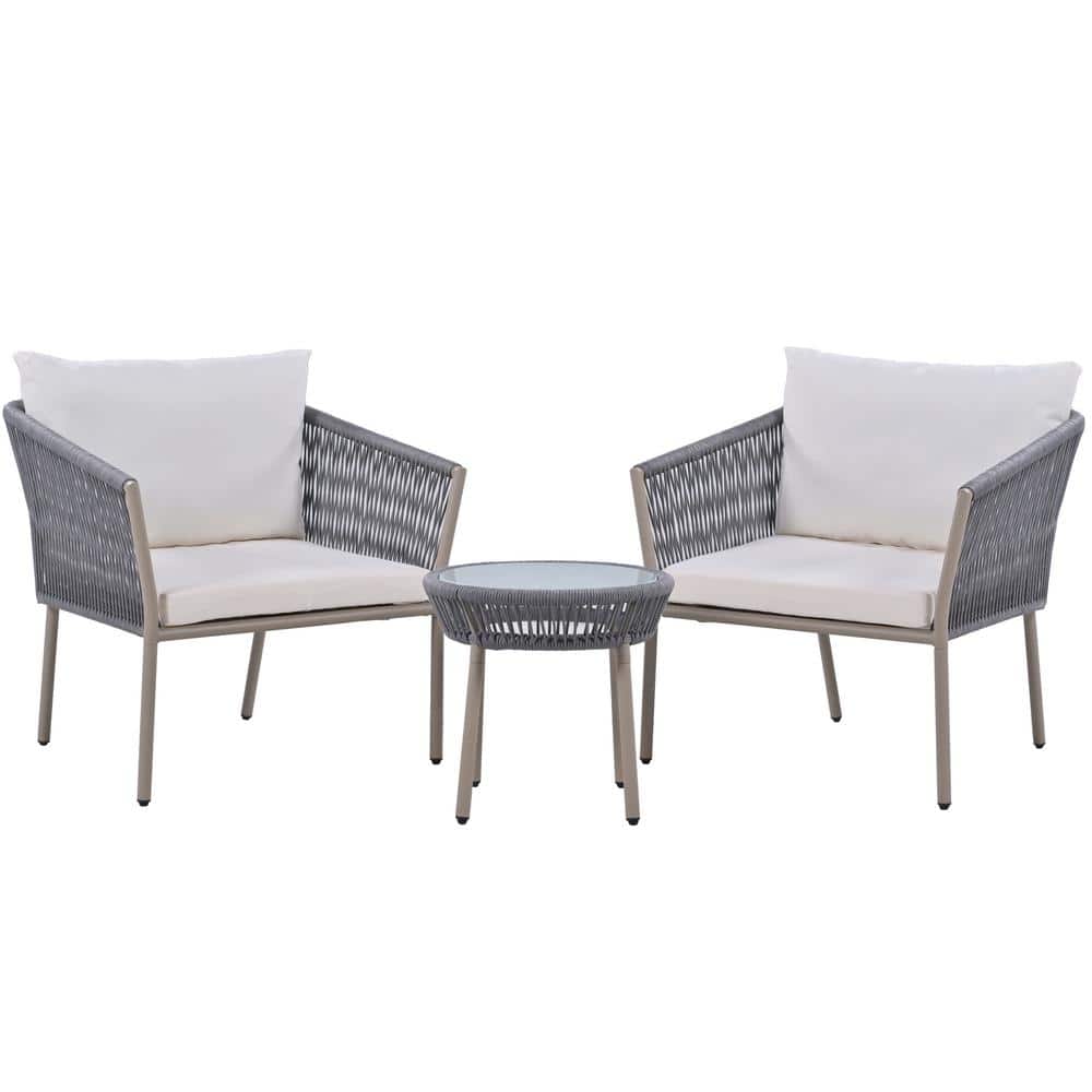 Beige 3-Piece Simple Woven Rope Metal Outdoor Bistro Set Round Table Armcha