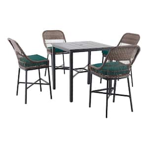 Beacon Park 5-Piece Brown Wicker Outdoor Patio High Dining Set with CushionGuard Malachite Green Cushions