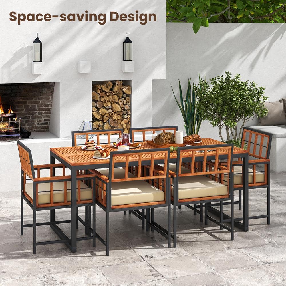 7-Piece Beige Cushion Acacia Wood Outdoor Dining Set