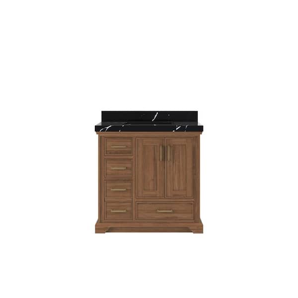 Willow Collections Charlotte Teak 36 in. W x 22 in. D x 36 in. H Center Sink Bath Vanity in Dark Natural with 2" Calacatta Black Qt. Top