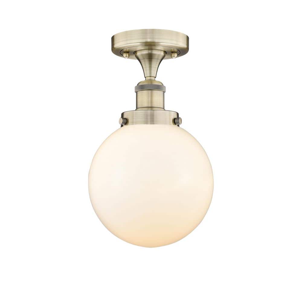 Beacon 8 in. 1-Light Antique Brass Art Nouveau Semi-Flush Mount with Frosted Glass Shade price history on PriceWatchPro