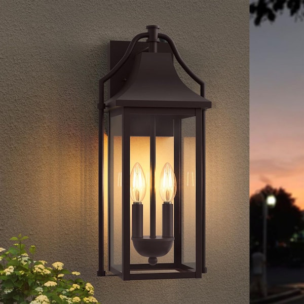 Hawaii 18 in. H 2-Bulb Oil-Rubbed Bronze Hardwired Outdoor Wall Lantern Sconce with Dusk to Dawn