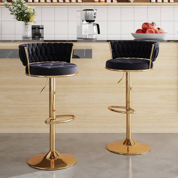 Adjustable Barstools Set, Counter Height Stools with Back and Arm, Velvet Woven Kitchen Island Stools, Black Set of 2