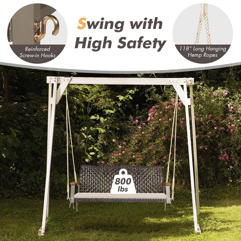 Off-White 2-Person Rattan Patio Swing with Cushion