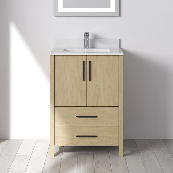 Nodus 24 in. W Single Sink Freestanding Bath Vanity in Wheat Oak with White Carrara Cultured Marble Top