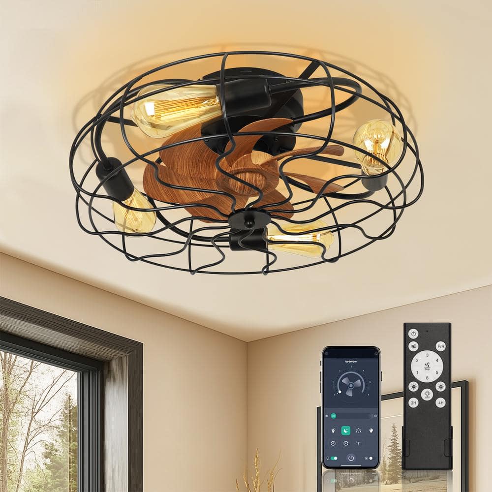 20 in. 4-Light Indoor Brown Wood Grain Industrial Metal Cage Enclosed Ceili