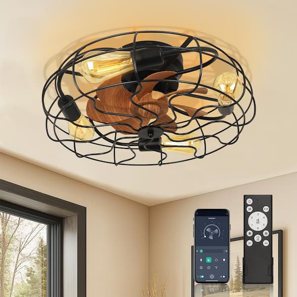 20 in. 4-Light Indoor Brown Wood Grain Industrial Metal Cage Enclosed Ceiling Fan with Light Kit and Remote