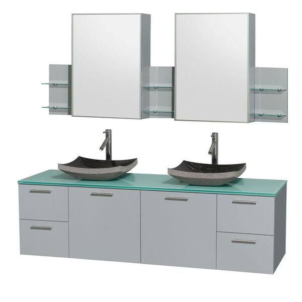 Wyndham Collection Amare 72 in. W x 22.25 in. D Vanity in Dove Gray with Glass Vanity Top in Green with Black Basins and Cabinet Mirrors