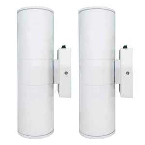 12 in. 2-Light White Cylinder Dusk to Dawn Outdoor Hardwired Wall Lantern Scone with Integrated LED Lights (2-Pack)