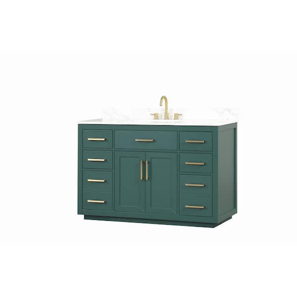 Aoibox 54 in. Green Modern Solid Wood Bathroom Vanity with Green Quartz Top Sink, Soft-Close Cabinet, 6 Drawers, Countertop