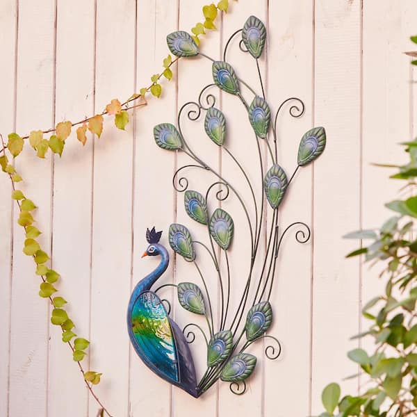 LuxenHome 29. in. H Peacock Metal and Glass Outdoor Wall Decor