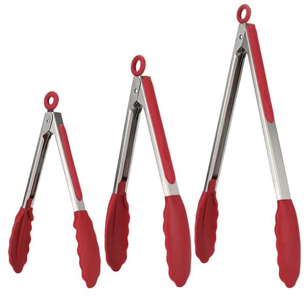 U-Taste 7/9/12 in. Silicone Cooking Tong Set with Rubber Tips and Si-Coated SS Handle, 600ºF Heat Resistant, Red