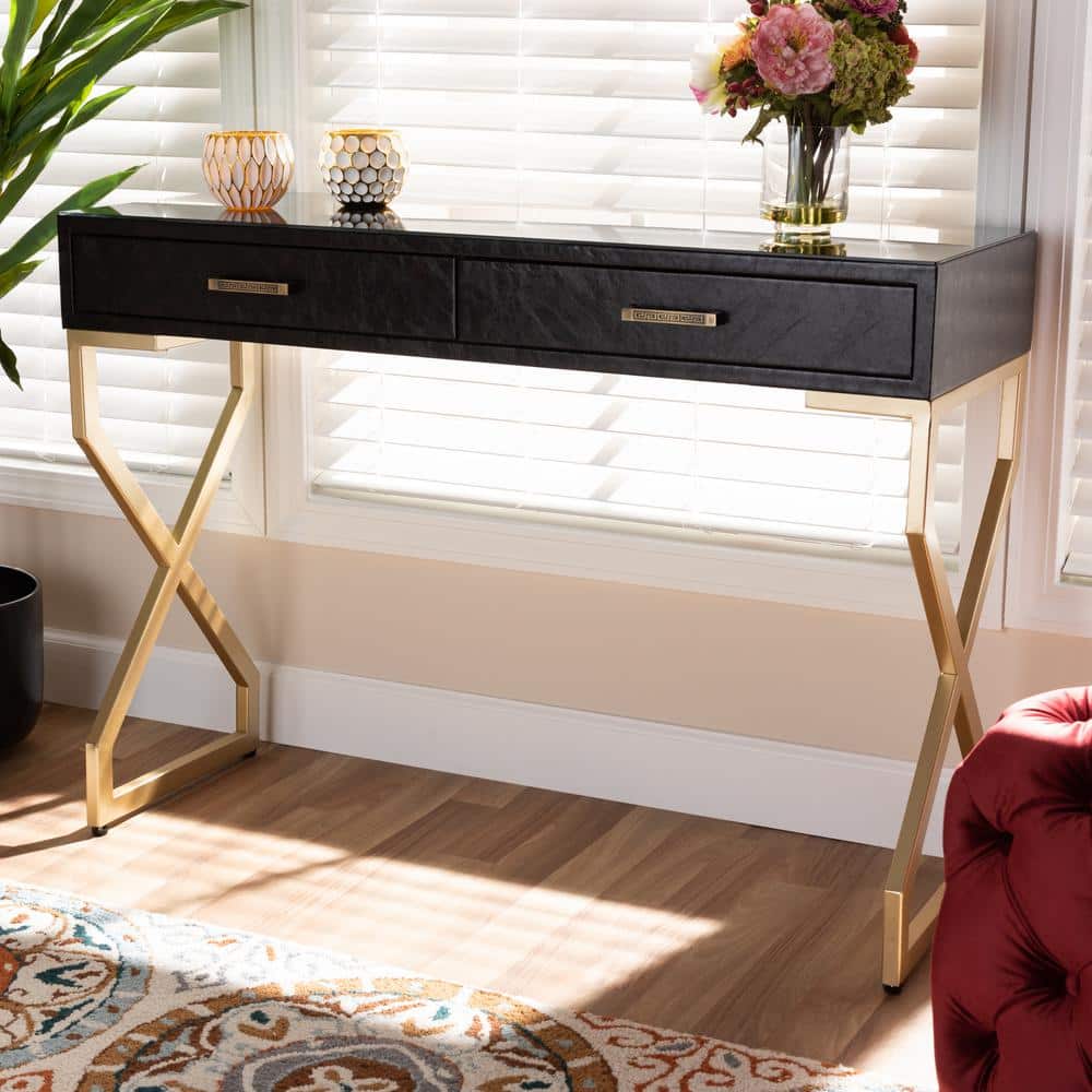 Carville Gold-Finished Metal & Dark Brown Faux Leather Console Table with Glass Top