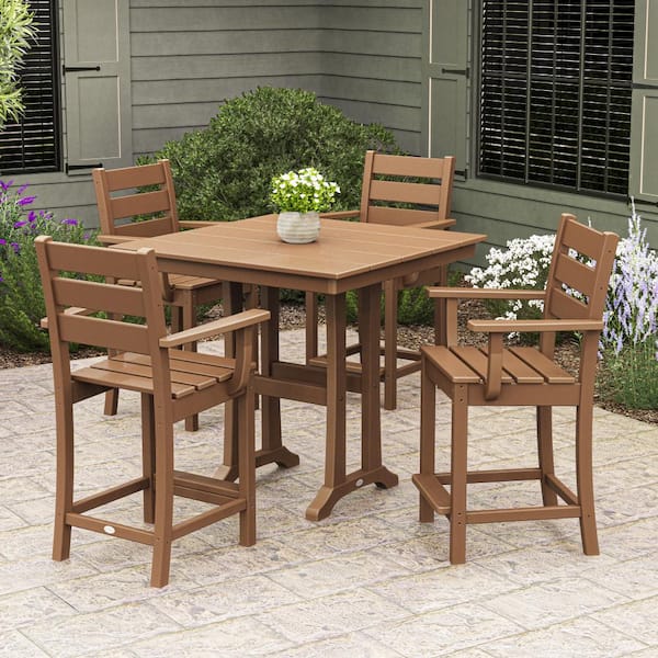 POLYWOOD Grant Park Teak 5-Piece HDPE Plastic Arm Chair Farmhouse Trestle Counter Set