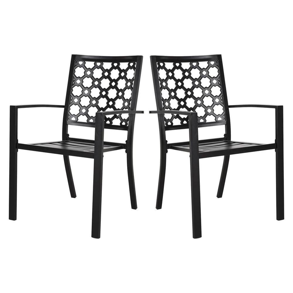 Rust Resistant Metal Outdoor Dining Chair in Black Set of 2, Stackable Arm 