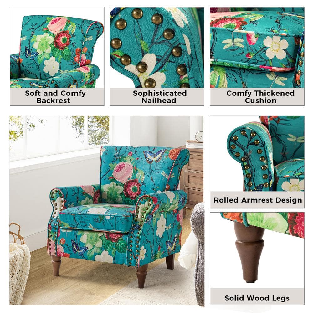 Blue Floral Polyester Arm Chair Set with Rolled Arms