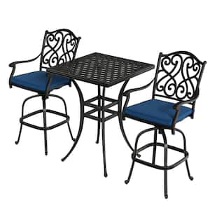 3-Piece Cast Aluminum Outdoor Dining Bar Height Patio Set with Blue Cushion and 1.9 in. Umbrella Hole