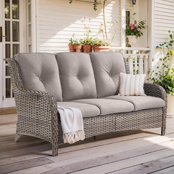 Bellefurn WellCane 3-Seat Gray Wicker Outdoor Couch Patio Sofa with High Curvy Back, and Thick Gray Cushions