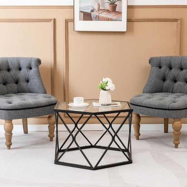 Costway 25.5 in. Black Hexagon Geometric Glass Modern Coffee Costway 25.5 in. Black Hexagon Geometric Glass Modern Coffee