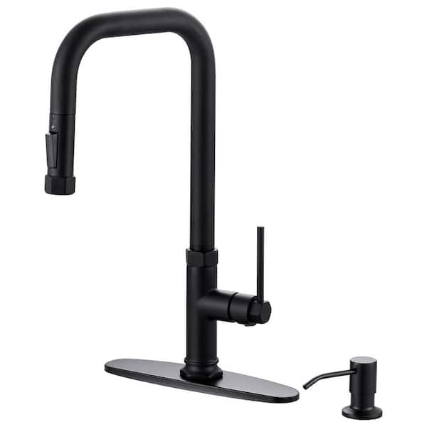 WOWOW Brass Single Handle Pull Down Sprayer Kitchen Faucet with Soap Dispenser in Matte Black