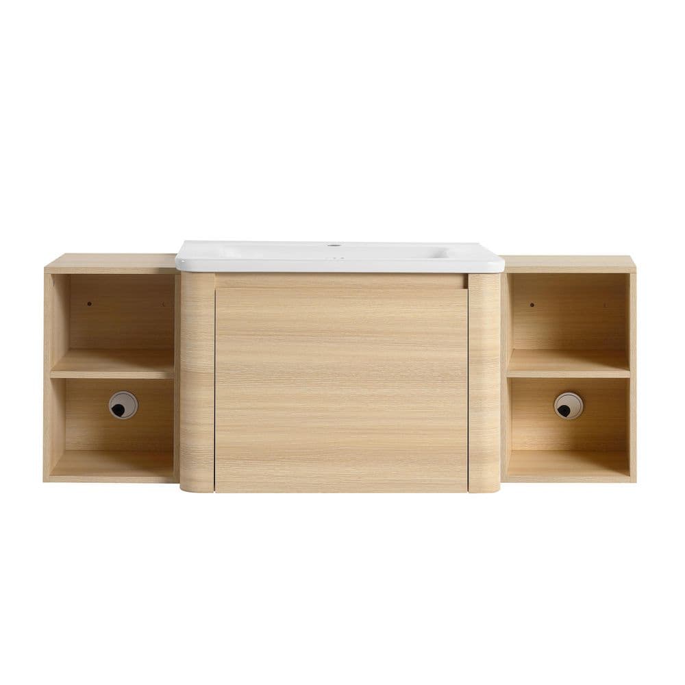 52 in. Wall-Mounted American White Oak Bath Vanity with White Ceramic Top and 2-Storage Shelves Unassembled price history on PriceWatchPro