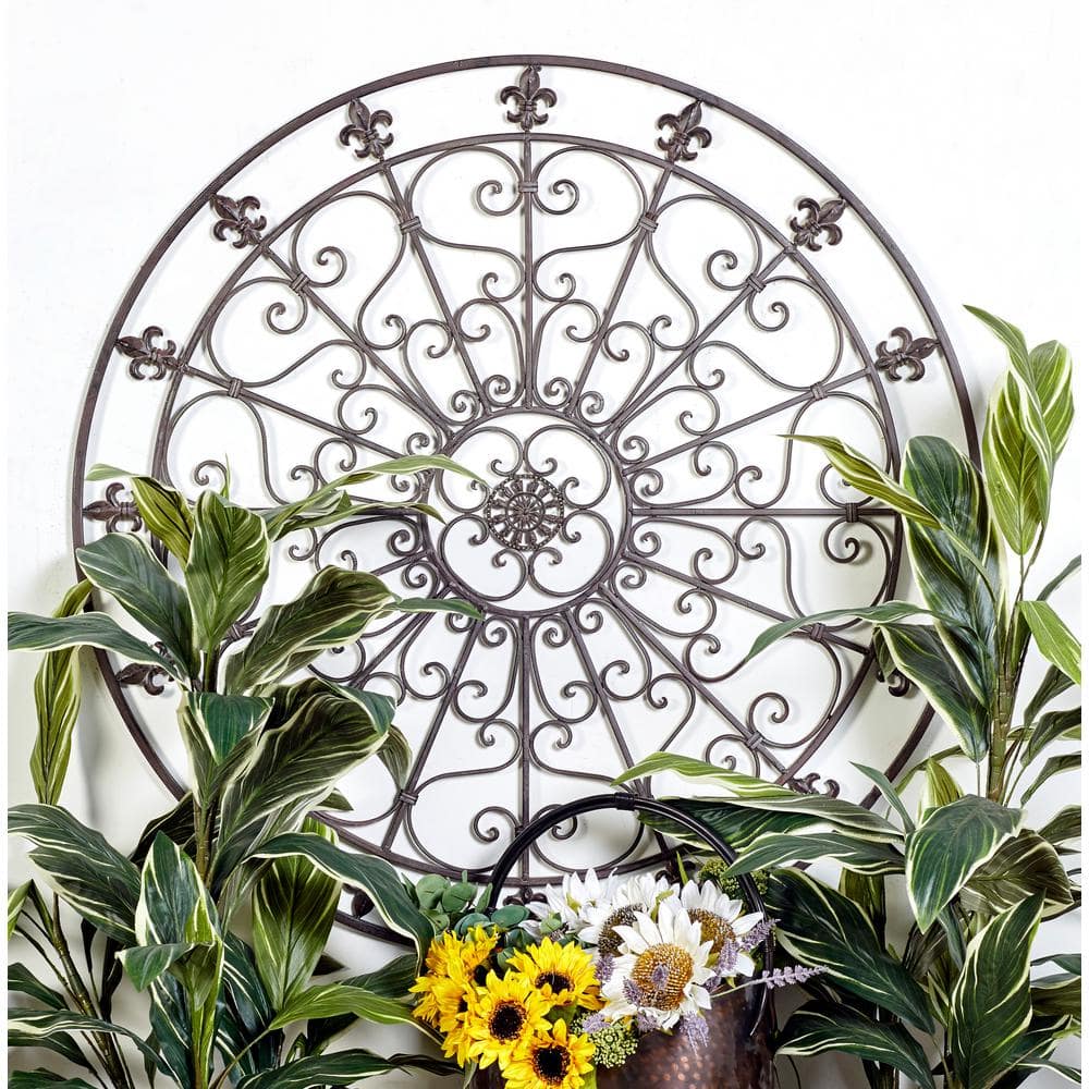 Black Iron Scrollwork and Fleur De Lis Round Wall Sculpture