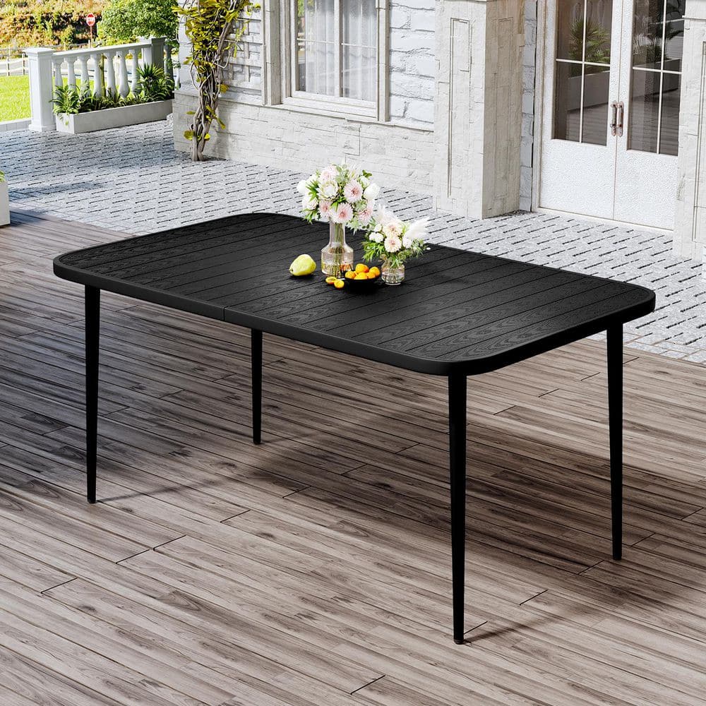 55.1 in. Black Rectangular Outdoor Patio Dining Table with Wood-Like Tabletop