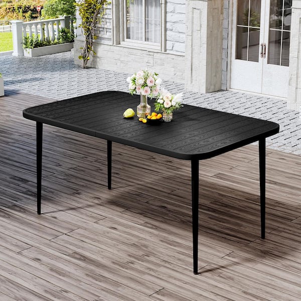 JEAREY 55.1 in. Black Rectangular Outdoor Patio Dining Table with Wood-Like Tabletop