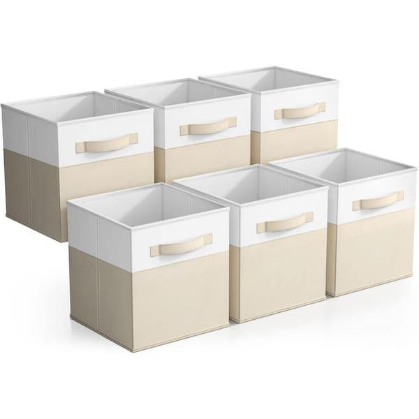Foldable 2-Toned Storage Bins with Handles for Closet, Beige 10.5 in. x 11 in. Fabric Decorative Baskets Set of 6