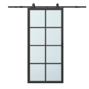 37 in. x 84 in. Full Lite Frosted Glass Black Steel Frame Interior Sliding Barn Door with Hardware Kit and Door Handle