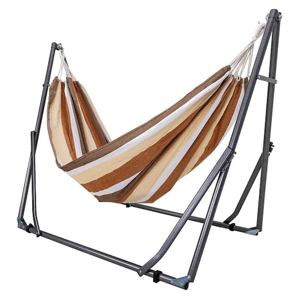 Kahomvis 3.75 ft. Outdoor Patio Freestanding 2-Person Double Hammock Chair with Stand in Coffee and Brown