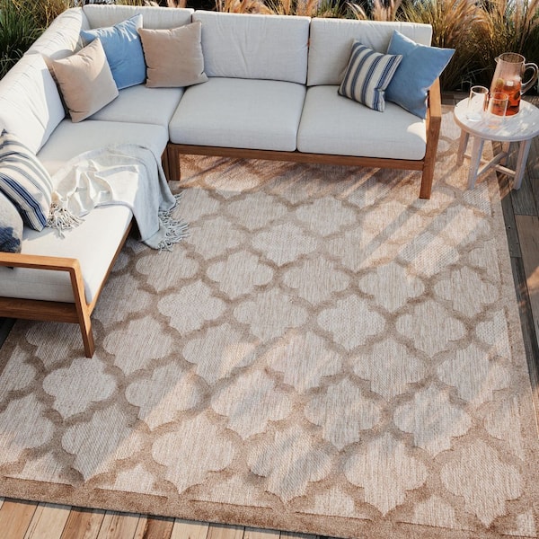 Easy Care Natural Beige 7 ft. x 10 ft. Geometric Contemporary Indoor Outdoor Area Rug
