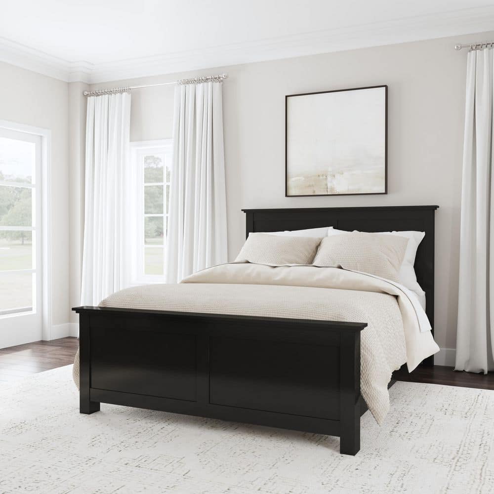 Oak Park Black Queen Wood Frame Upholstered Bed with Slats