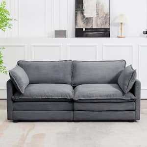 Modern Dark Grey Corduroy Wood Outdoor Loveseat with Two Pillows Cushions for Living