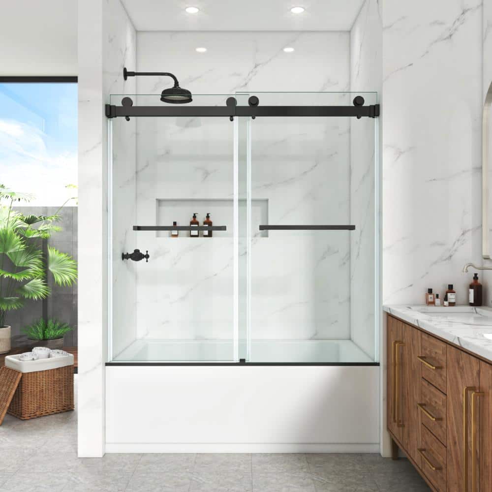 Bathtub Shower Door, 56–60.5 in. W x 60 in. H, Double Sliding Doors 3/8 in. Clear Tempered Glass, Matte Black. price history on PriceWatchPro